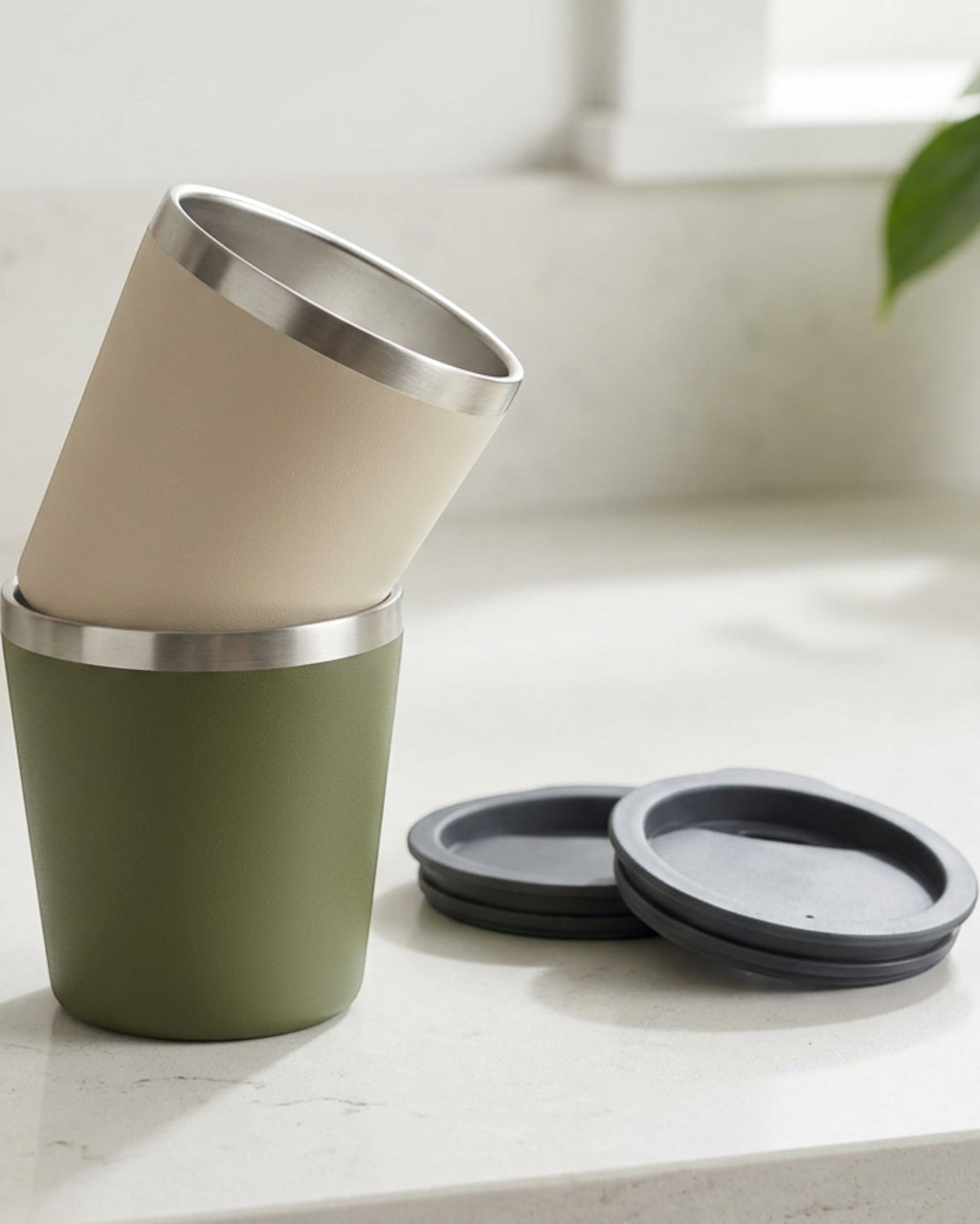 Dalvu Stackable Vacuum Low Cup Set 10 oz x 2 Moss Oatmeal - Lifestyle view