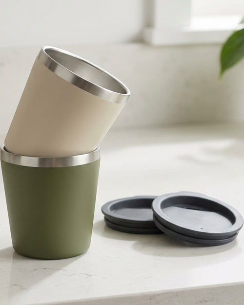 Dalvu Stackable Vacuum Low Cup Set 10 oz x 2 Moss Oatmeal - Lifestyle view