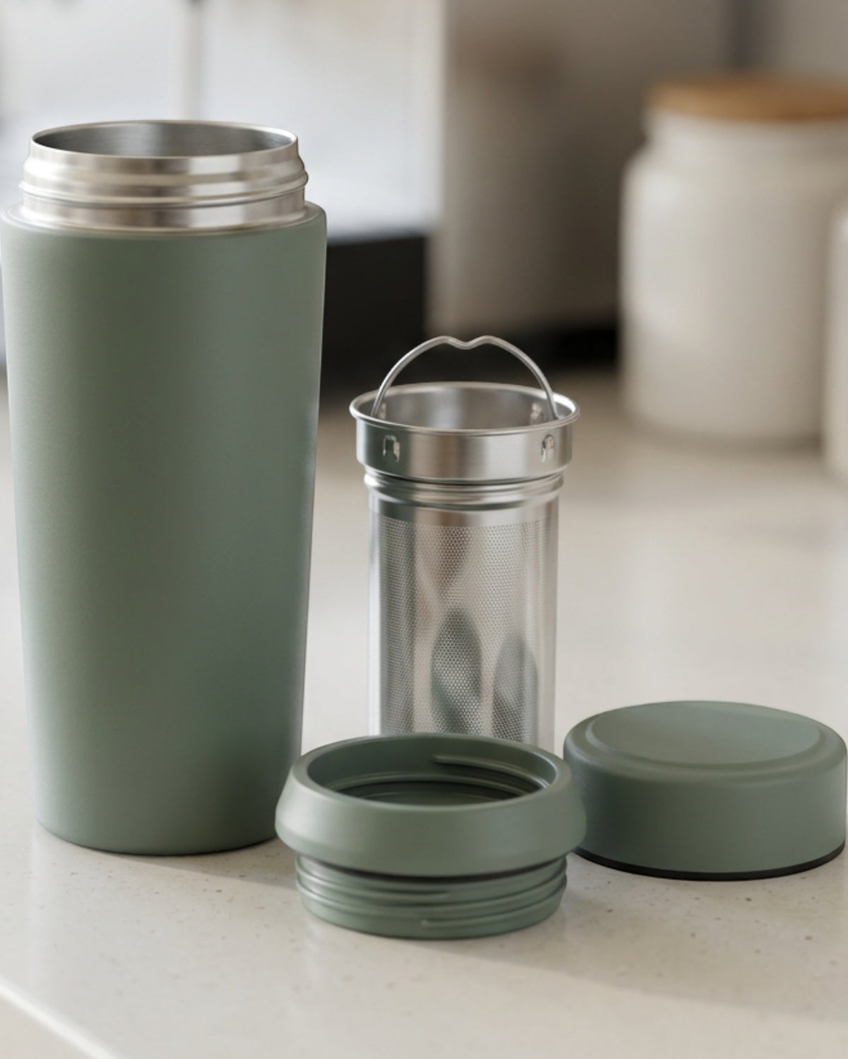 Dalvu Vacuum Tea Tumbler with Removable Infuser 16 oz Smoke Green - Lifestyle view