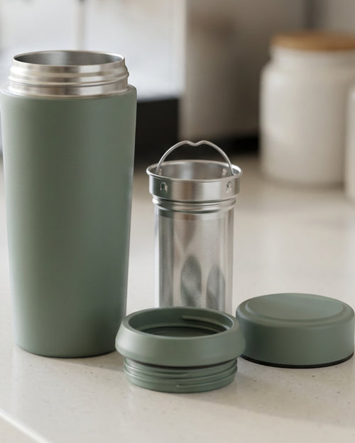 Dalvu Vacuum Tea Tumbler with Removable Infuser 16 oz Smoke Green - Lifestyle view